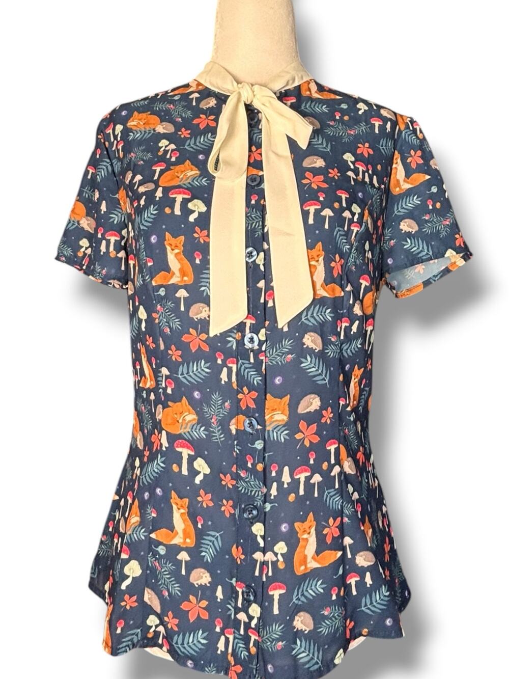 Unique Vintage Fox Mushroom Woodland Bow Tie Top Navy Forest Animal Fairycore